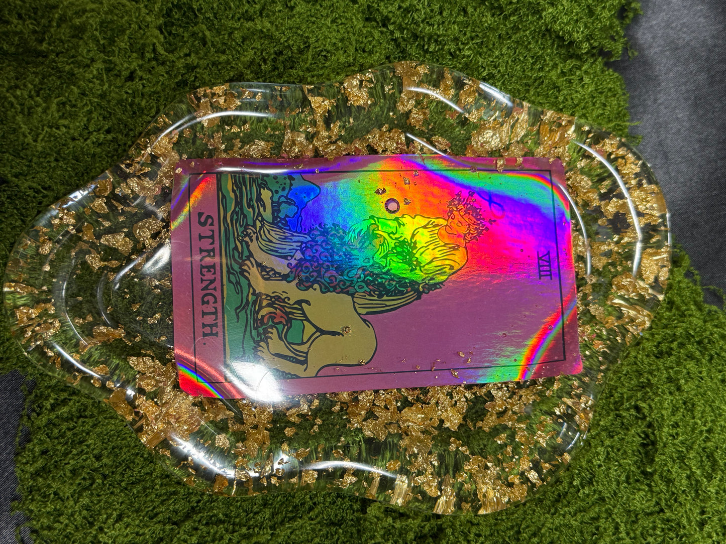 handmade resin tarot tray with holographic tarot cards + gold leaf