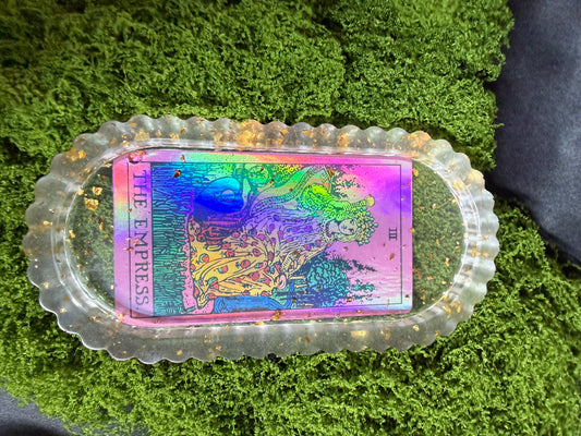 handmade resin tarot tray with holographic tarot cards + gold leaf