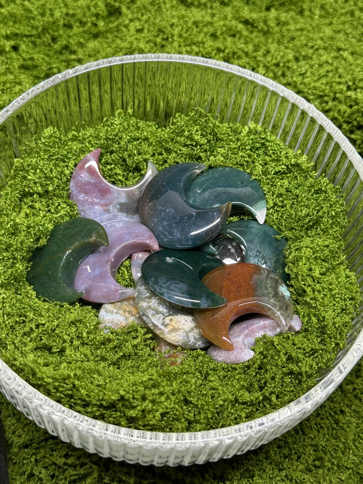 Moss Agate Moon Carvings