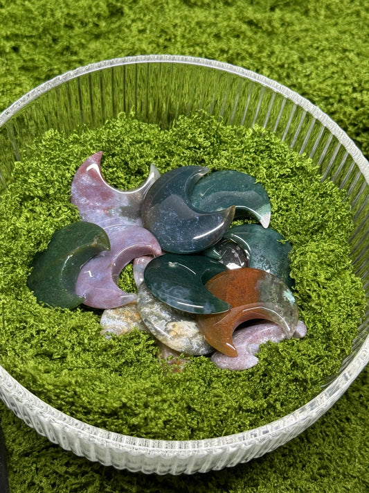 Moss Agate Moon Carvings